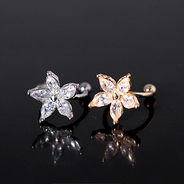 CZ Flower Earrings Women Rhinestone Crystal Golden Silver Plated Ear Cuff Clip On Earrings Jewellry