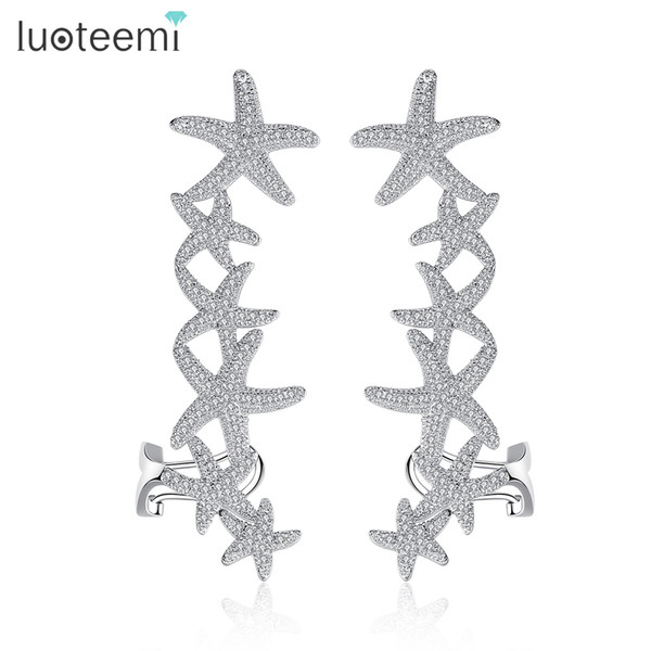 New Arrival Fashion Starfish Design Stud Earrings with CZ Crystal Piercing Ear Cartilage Cuff for Women Brincos Jewelry LUOTEEMI