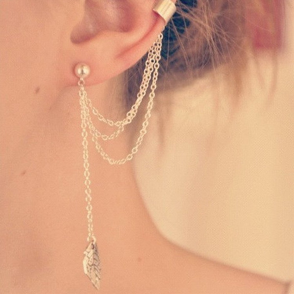 Punk Rock Style Leaf Chain Tassel Dangle Earring Ear Cuff Wrap