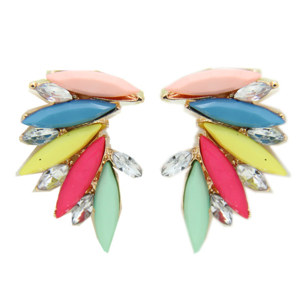 Canlyn Jewelry (2 pairs/lot ) Fashion Neon Color Acrylic Crystal Angel Wings Leaf Stud Earrings bijouterie CE017