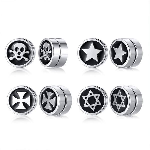 Skull Star Cross Pattern Ear Clip for Men Stainless Steel Stud Earrings Male Punk Jewels