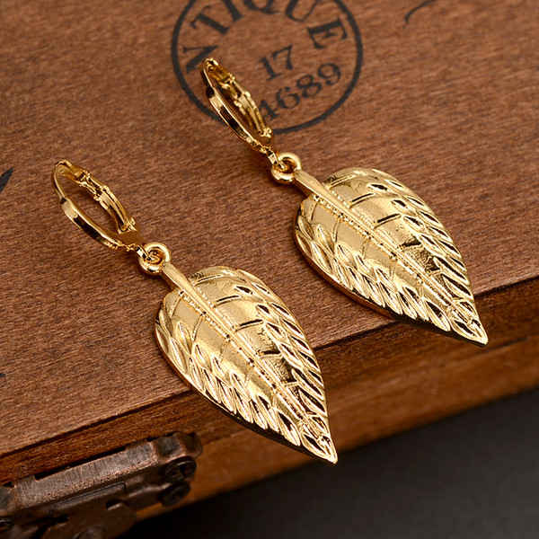 Statement 18k Yellow Solid Fine Gold GF Leaves Drop Earrings dubai india gold Pendientes Mujer Jewelry Long Dangle Earrings