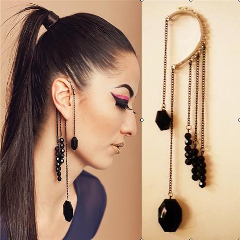 2016 Retro punk Ear Hook Ear Cuff Earrings Exaggerated Black Beaded Tassel Ear Hook