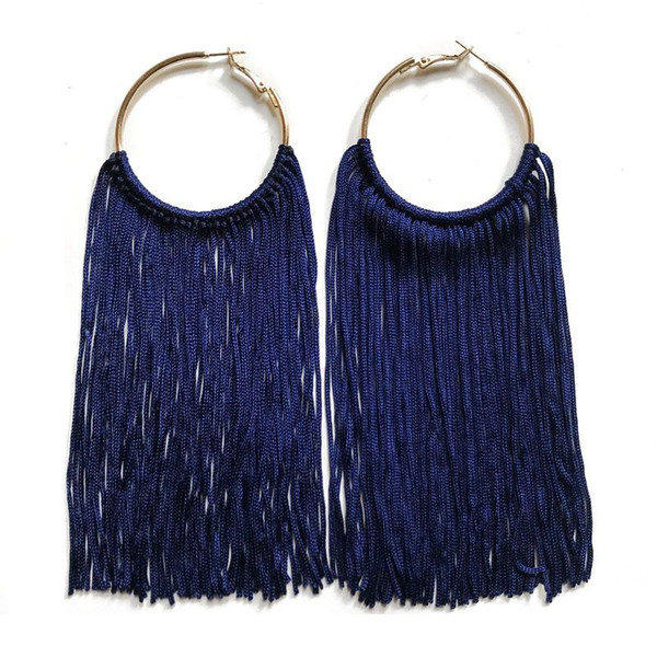 Free Shipping Exaggerate Navy Dark Red Long Thread Tassel Elegant Light Weight Hoop Earring For Women