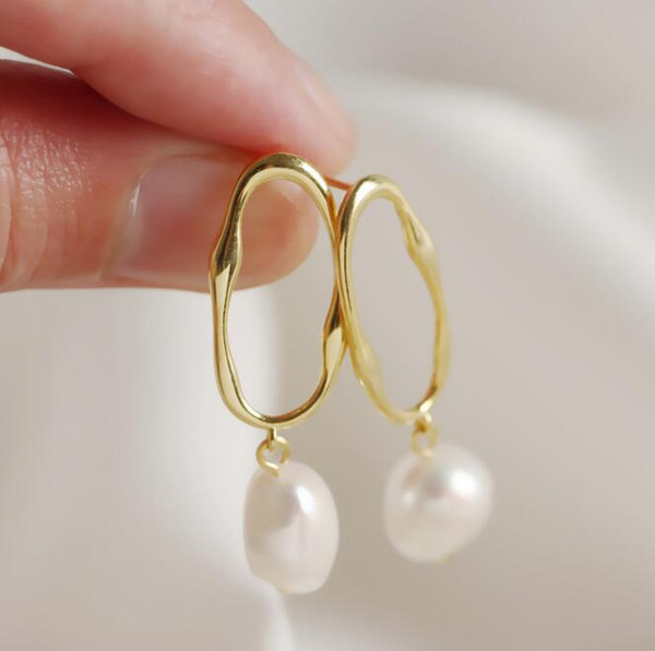 Gold Plate S925 Sterling Silver Baroque Freshwater Pearl Drop Earrings Women Jewelry Ins Style High Quality Drop Shipping