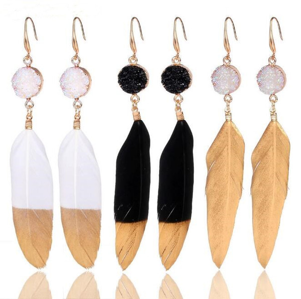 2019 Latest Fashion Long Feather Earrings for Women Druzy Stone Earrings Summer Charms Jewelry Nickle Free