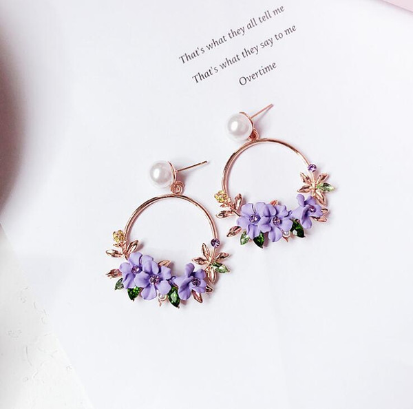 2018 Latest Fashion South Korea Flower Floral Hoop Earrings Gold Filled Crystal Earring Charms Jewelry 5x3cm