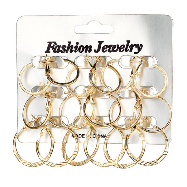 9 Pairs/Lot Geometric Round Punk Hoop Earrings Set For Women Girls Gold Silver Color Twist Earring Party Jewelry Gift YMEJ75325