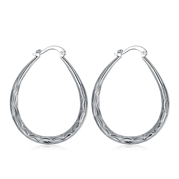 Fashion 925 Sterling Silver EARRINGS Stripes Oval Hoop Earrings Amazing Big Hoops Ladies Women Earring Hot Sale