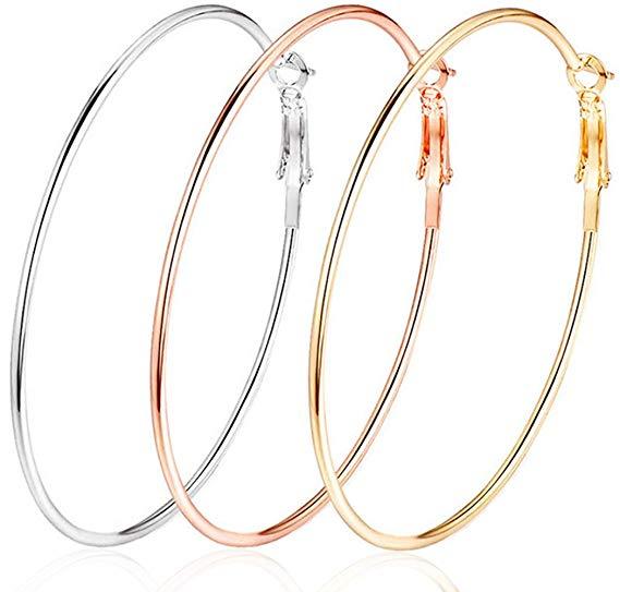 3 Pairs 60mm Big Hoop Earrings,Alloy Huggie Earrings 18K Gold Plated Rose Gold Plated Silver Hoops for Women Girls(3 color set)