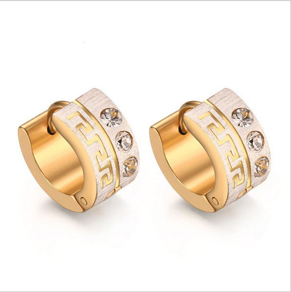 Gold Plated Hoop Earrings for Women Greek Key Pattern Classic Cute Crystal CZ Jewelry Wholesale EH-157