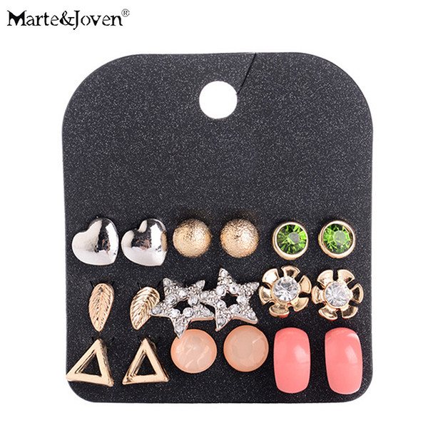 9 Pairs/set Round Ball Alloy Heart Gold-color Stud Earrings Sets for Women Cute Star Flower Leaf Mix Ear Studs Set