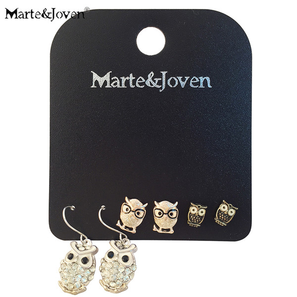 Cute 3 Pairs Silver Color Different Forms Rhinestone Owl Stud Earring Set for Women