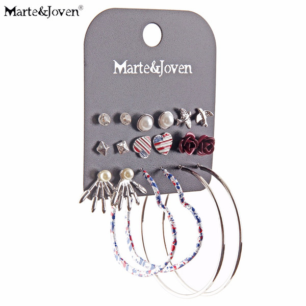 Colorful Enamel Big Heart-shape Hoops Earring Set 9 Pairs Silver Color Square/Round /US Flag Ear Studs Sets Women