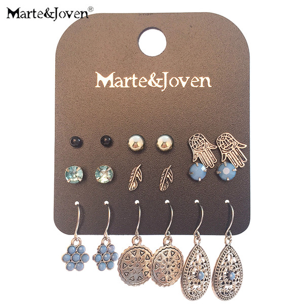 Antique Silver Vintage Drop Earrings Set for Women 9 Pairs/set Ladies Jewelry Include Classic Hand Palm/Leaf Earring