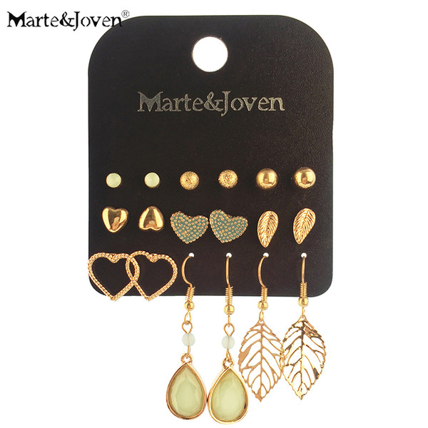 Fashion Water Drop/Love Heart/Leaf Earrings Set for Women 9 Pairs/set Gold Tone Studs Earring Girls Gifts Jewelry