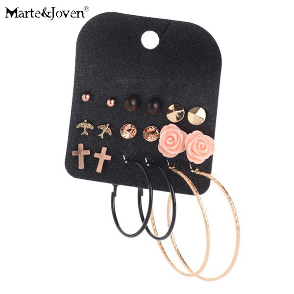 Vintage 9 Pairs Gold and Black Big Round Alloy Cross Stud Earring Sets For Women Wholesale