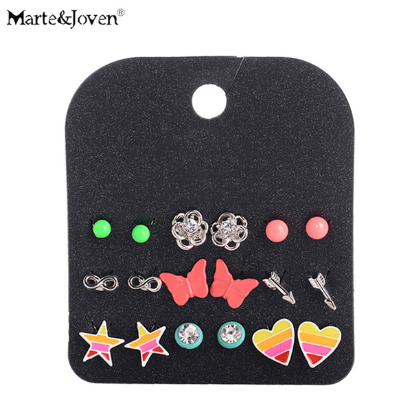 9 Pairs Jewelry Colorful Ball/Butterfly/Star/Heart Earring Set Women Fashion Arrow/Infinity Silver Color Studs Sets