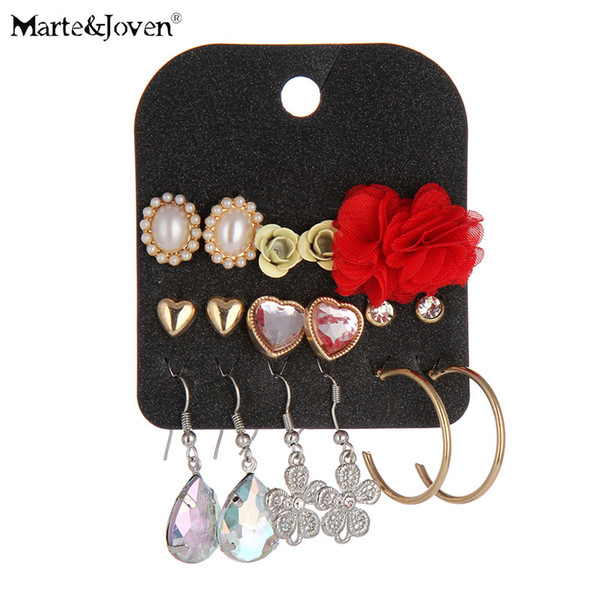 Wholesale 9 Pairs/Ccard Crystal Heart Mix Red Chiffon Flower Stud Earring Sets For Teen Girls