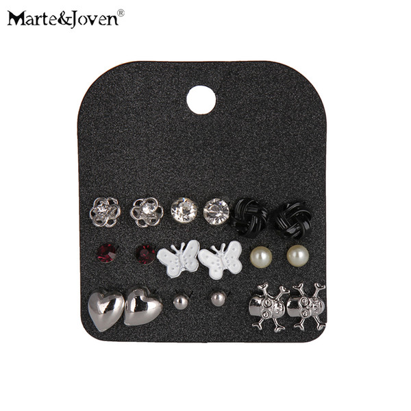 Wholesale New Punk 9 Pairs Mixed Silver Color Heart Skeleton White Butterfly Stud Earring Sets For Women