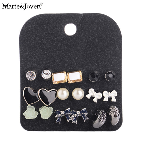 Wholesale 9 Pairs Lovely Heart Shape Simulated-Pearl Stud Earring Sets Women 2018 Black Rhinestone Bow Ear Studs Set