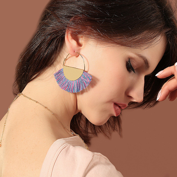 Wholesale handmade creative tassel hoop earrings for women, Boho style Ethnic wind exaggerate circle huggie earring jewelry