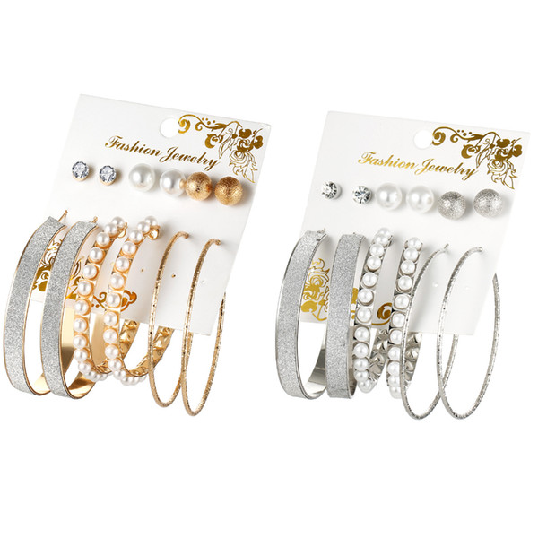 6pcs/set Women Girls Pearls Big Hoop Statement Earrings Rhinestone Stud Earring Jewelry Set Accessories Gift for Friend Family Love