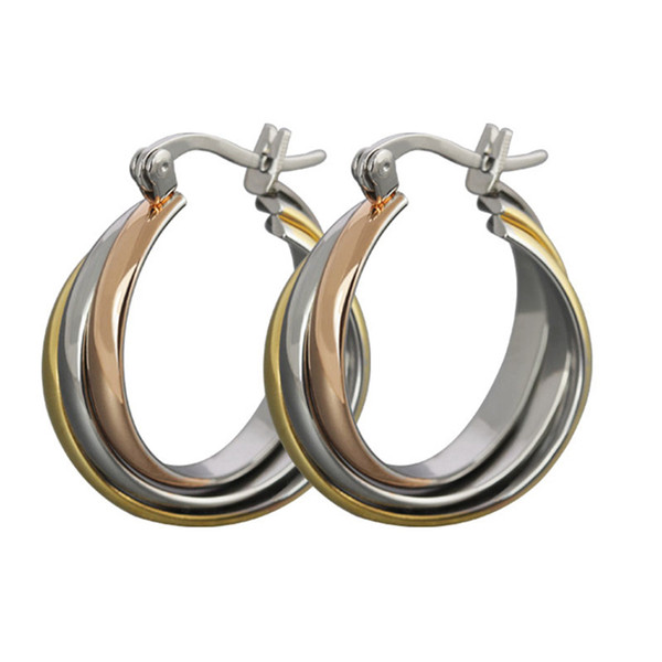 Orsa Jewelry Free Shipping Fashion Jewelry There Color Plated Twist Circle Titanium Steel Women's Hoop Earrings OTE15