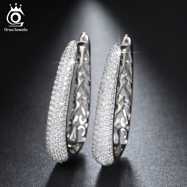 Luxury 18K White Gold Plated Hoop Earring Paved with Austrian Cubic Zirconia for Women Fashion Jewelry 2016 New Style OE139