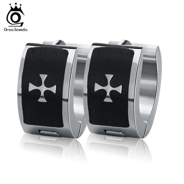 Wholesale Chic Black Cross Earrings 1Pair Cool Punk Women Stainless Steel Hoop Piercing Round Earring GTE09