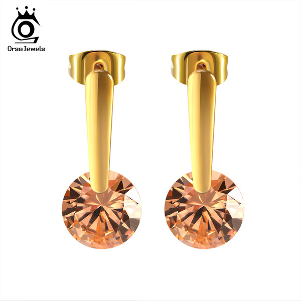 Orsa New Arrival Cubic Zirconia Stainless Steel Colorful Stud Earrings For Woman Elegant Wedding Party Earring GTE75