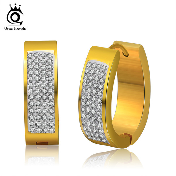 Orsa New Arrival Stainless Steel Woman Earrings with Clear Zirconia Hoop Earring Gold Color GTE71