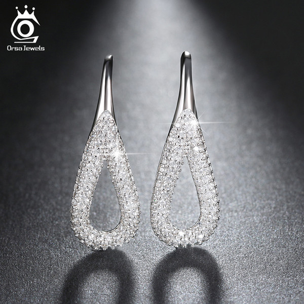 ORSA JEWELS Trendy Design Water Drop Silver Color Earrings With Shiny Cubic Zircon For Women Girl Fashion Drop Earring OE146