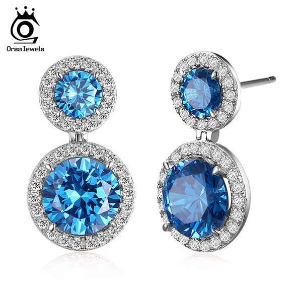 2017 Silver Color Earrings Dangling Luxury Blue Cubic Zirconia Micro Paved CZ for Women Fashion Party Jewelry OE161