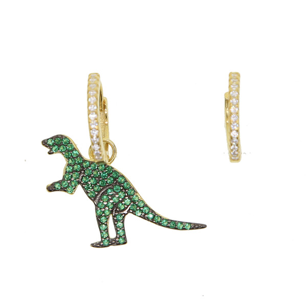 dangle charm earring Dinosaur earrings 925 sterling silver gold plated micro pave green CZ Lovely jewelry for women and girl