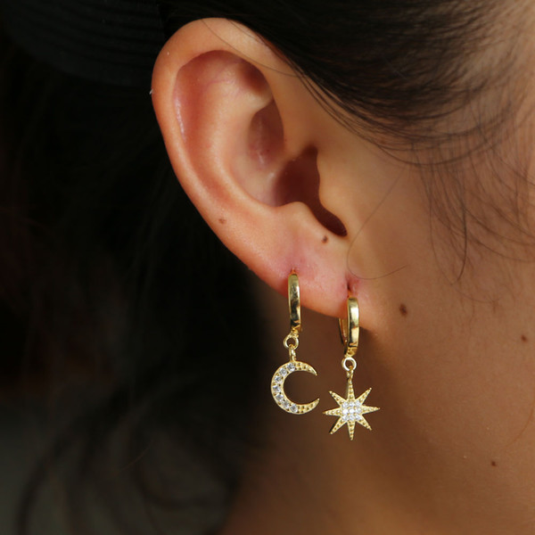 moon star earring dangle cute moon starbust charm gold plated 2018 Christmas gift gift 925 sterling silver Gorgeous women jewelry