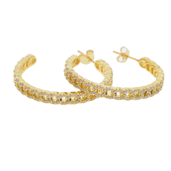 gold plated Hip hop Rock cz earring lab diamond cuban link chain shaped women girl gift big circle hoop chain earrings