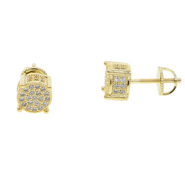 Hip hop mens gold round earring with cz mirco paved square shape iced out screw back stud earrings