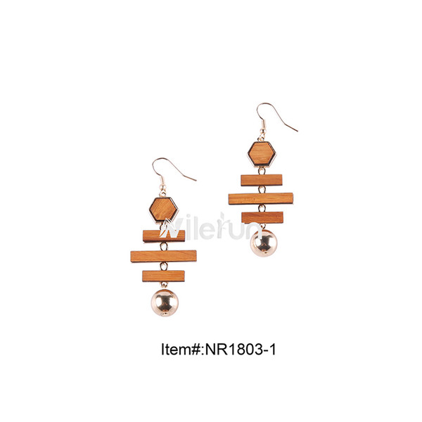 New style polygon hexagon rectangle bamboo wood embeded metal earrings baroque style holiday long metal bead bamboo earrings