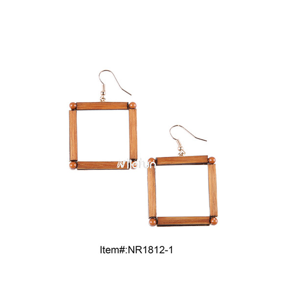 Creative square shape beaded metal wood bamboo earrings natural countryside holiday casual beach earrings