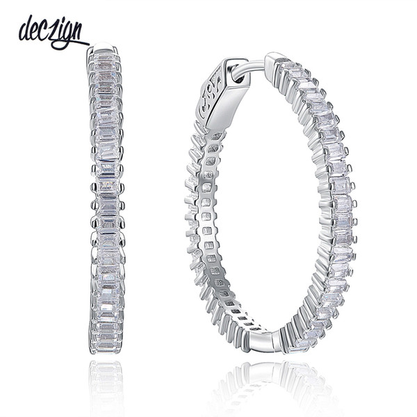 Deczign Deluxe Women Hoop Earrings Square Cut Sparkling Zirconia 925 Sterling Silver Wedding Style Jewelry SE20039R