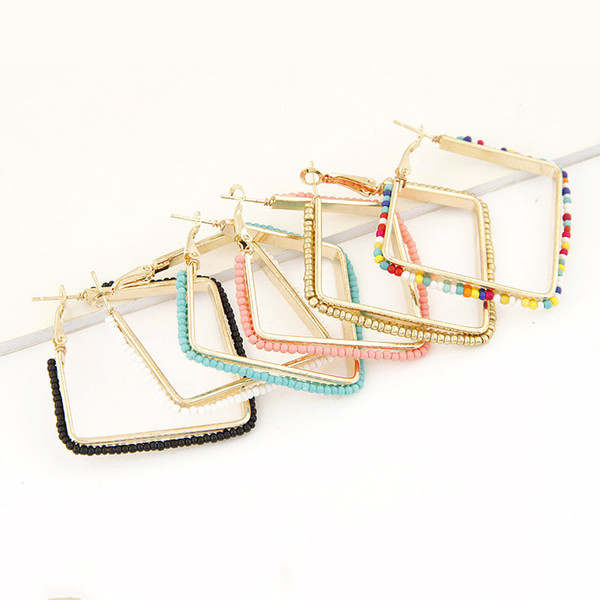 Colorful Beaded Alloy Hoop Earrings For Women Geometric Gold Plated Simple Square Big Huggie Earrings Fashion Jewelry Accessories Wholesale