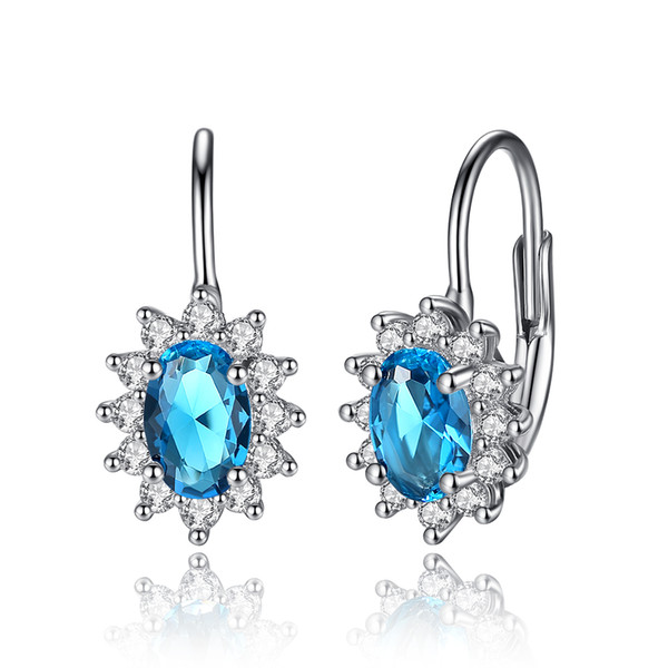 BELAWANG 925 Sterling Silver Light Blue Crystal Stone Stud Earrings with Tiny White Cubic Zirconia Women Vintage Earrings Silver 925 Jewelry