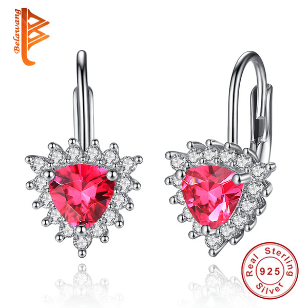 BELAWANG New Green&Red Crystal Clear CZ Heart Stud Earrings For Women Valentines Gift 925 Sterling Silver Triangle Design Earrings Wholesale