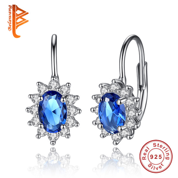 BELAWANG Natural Ocean Blue Austrian Crystal Stud Earrings Engagement Jewelry 925 Sterling Silver Love Women Earrings Wedding Party Gift