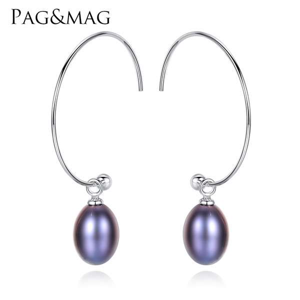 PAG&MAG New Fashion Big Half Circle Earwire 925 Sterling Silver Drop Earring For Women Fine Freshwater Pearl Paved Banquet Gifts