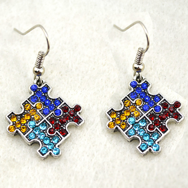 Hot Selling Multi-Colored Crystal Autism Awareness Puzzle Piece Dangle Earrings Jewelry For Woman Or Girl Party Gift