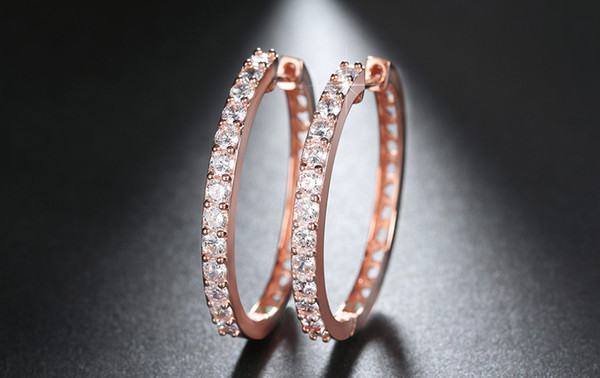 18K Rose Gold Plated Big Hoop Earring Paved Luxury Cubic Zirconia Fashion Women Round Loop Crystal Earrings OE143