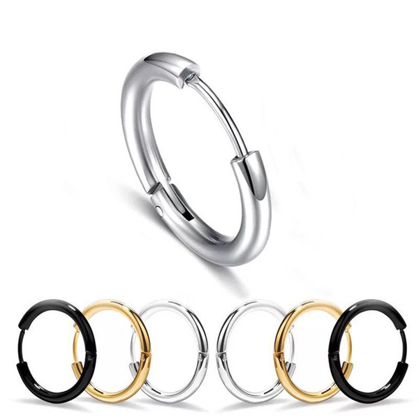 Wholesale (465E) Titanium steel Men's Smooth Hoop Earrings Jewelry 10mm 12mm 14mm 16mm 18mm 20mm 18K/Black/White Color