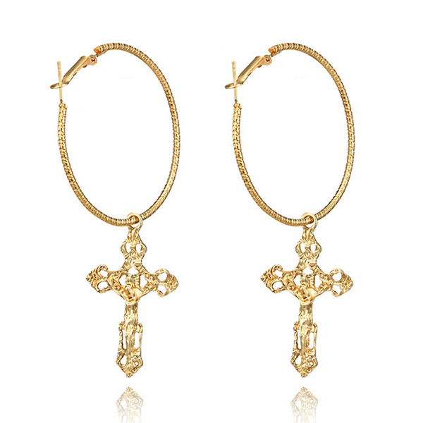 SRCOI Punk Hyperbole Jesus Big Cross Circle Sexy Hoop Earrings Alloy Round Bohemian Baroque Accessories Women Party Gold Earring